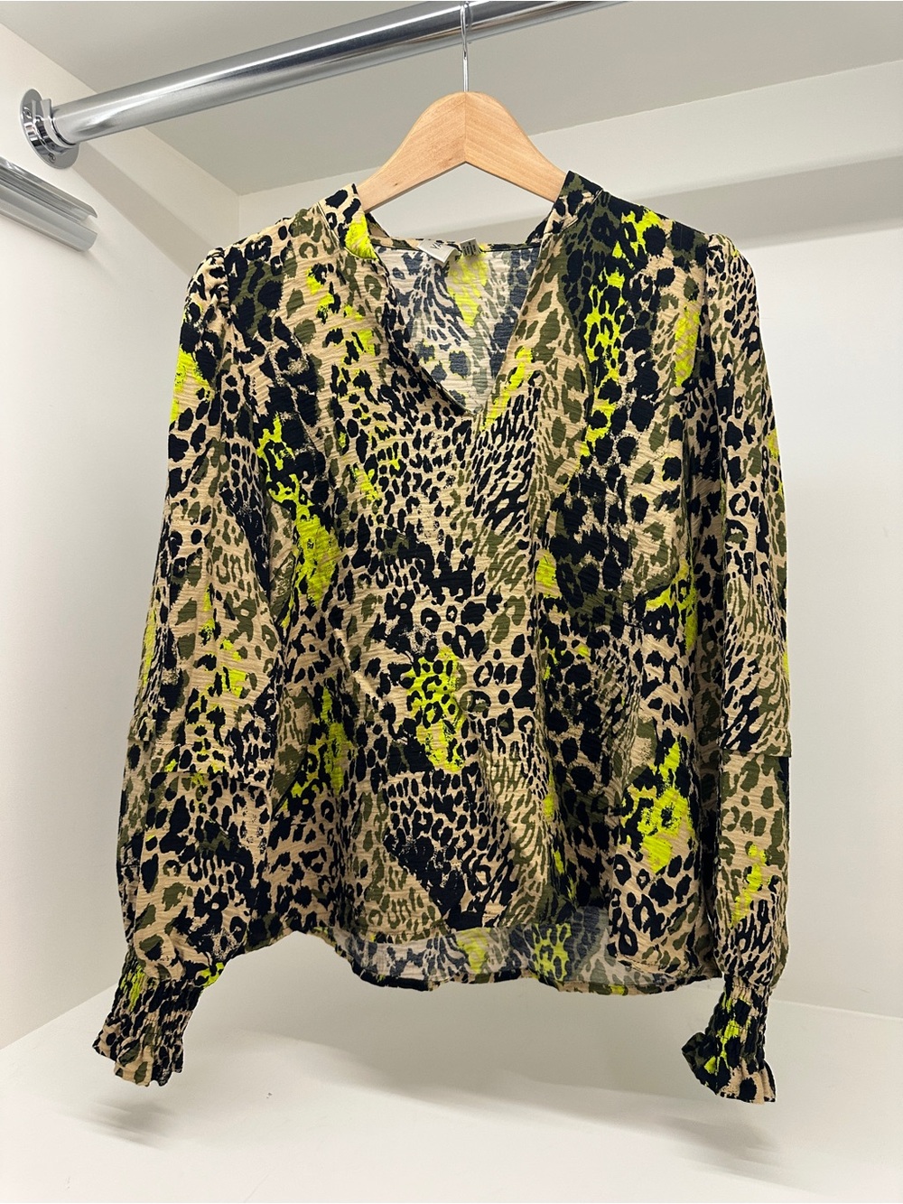 Women's V-Neck Leopard Print Blouse in Tan and Neon Green